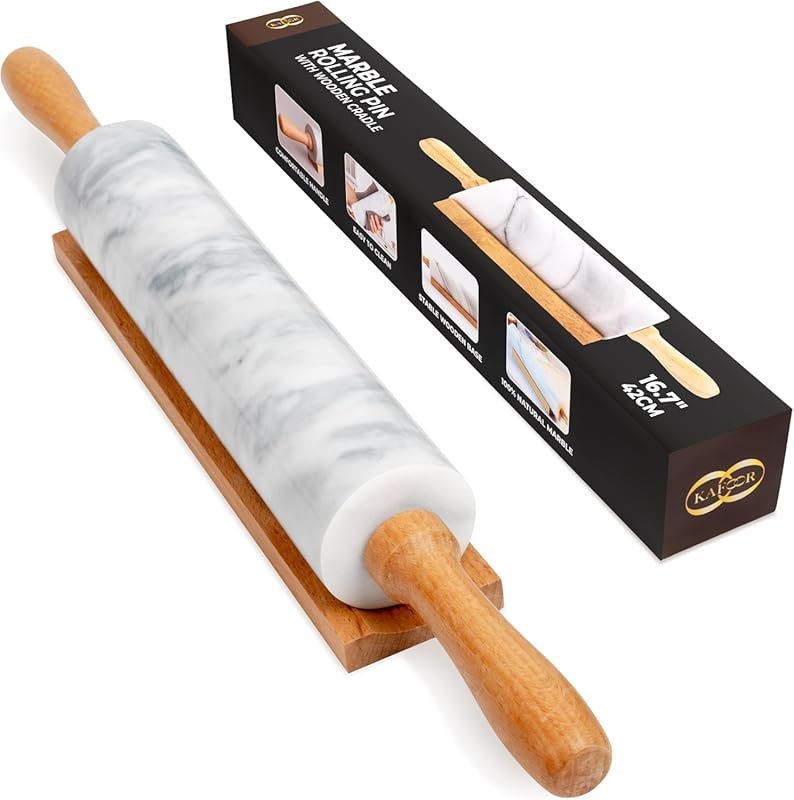 16.7 Inch Marble Rolling Pin with Wooden Handles & Cradle for Pizza, P