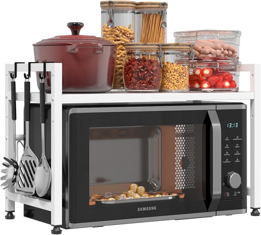 Extendable 2-Tier Microwave Stand with 7 Hooks – Heavy Duty Adjustable