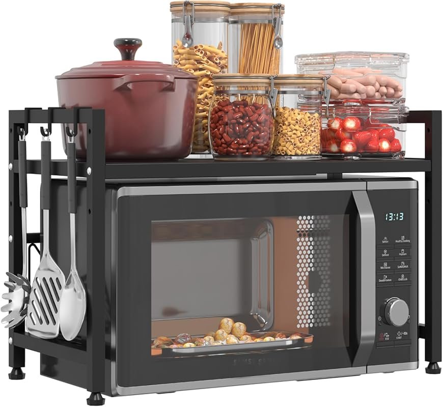 Extendable 2-Tier Microwave Stand with 6 Hooks – Adjustable Heavy Duty