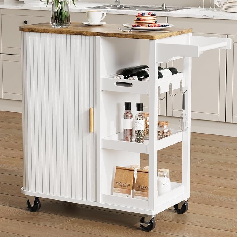 Small Mobile Kitchen Island Cart with Sliding Doors, 35.3