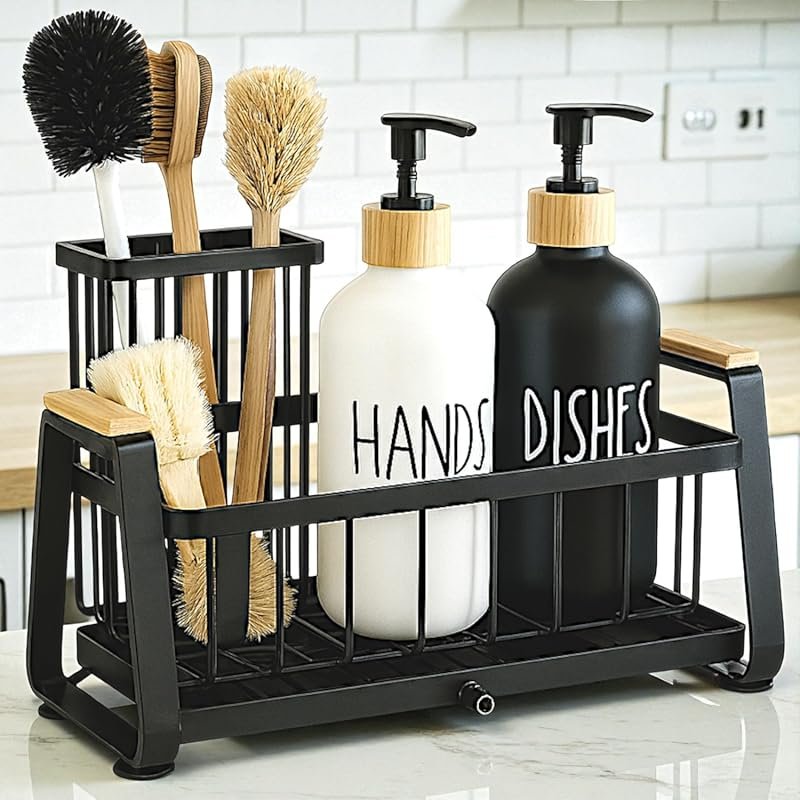 Farmhouse Style Sink Caddy Set with 16OZ Glass Bottle, Hand & Dish Soa