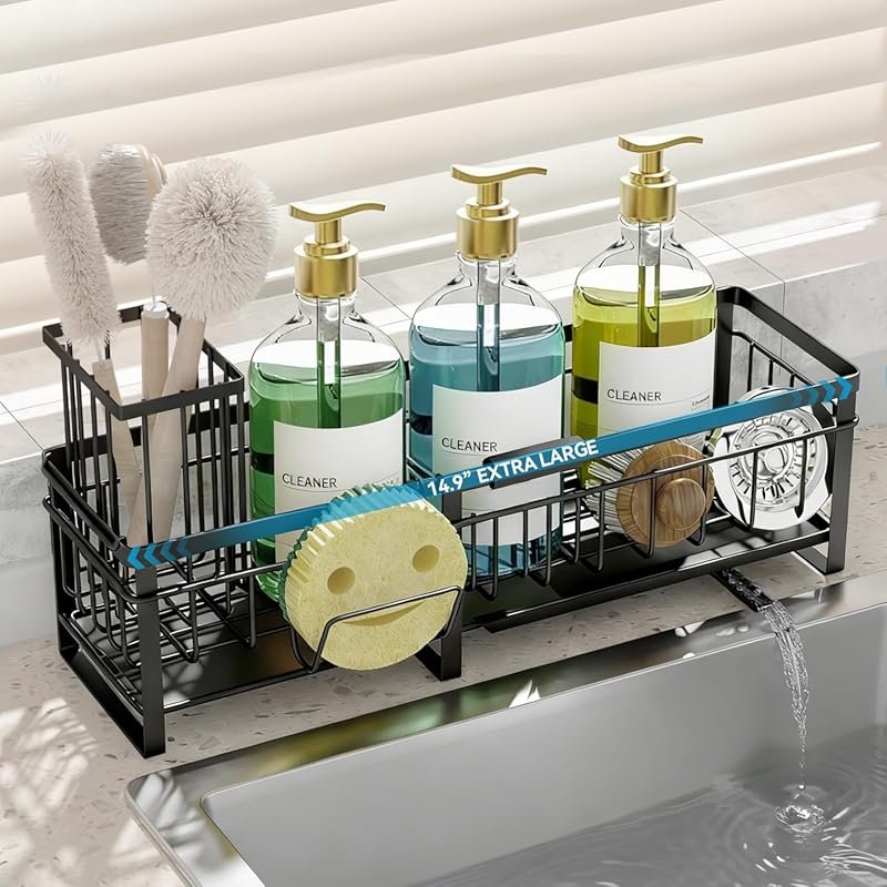 Extra Large Extendable Rustproof Sink Caddy with High Brush Holder & S