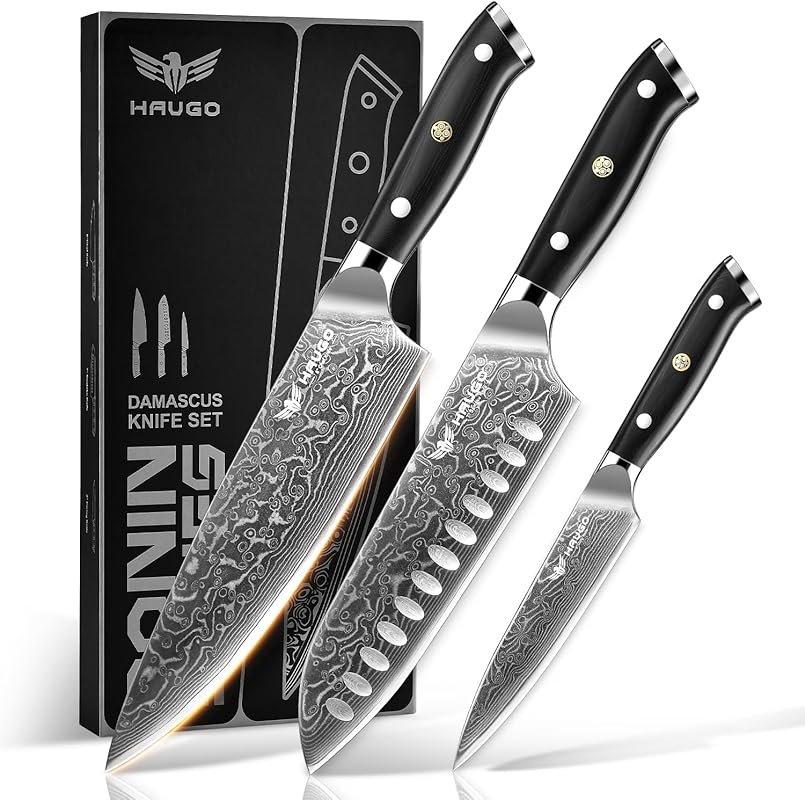 Haugo Damascus Knife Set 3PC: VG10 Steel, G10 Handle, Full Tang, Gift 