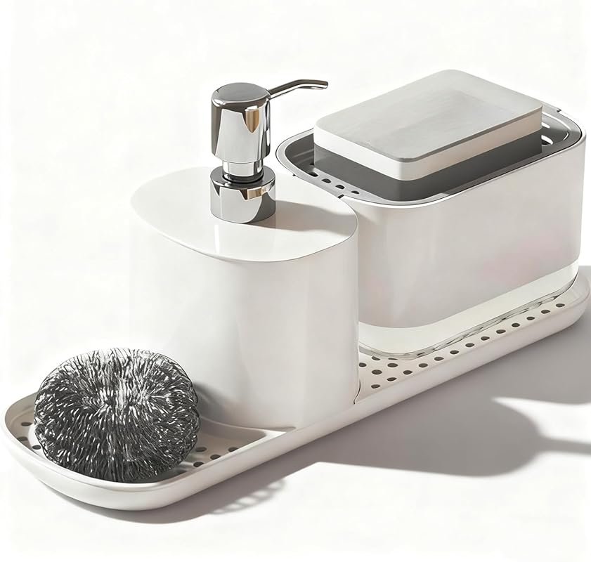 4-in-1 Dual Hand and Dish Soap Dispenser with Sponge Holder for Kitche