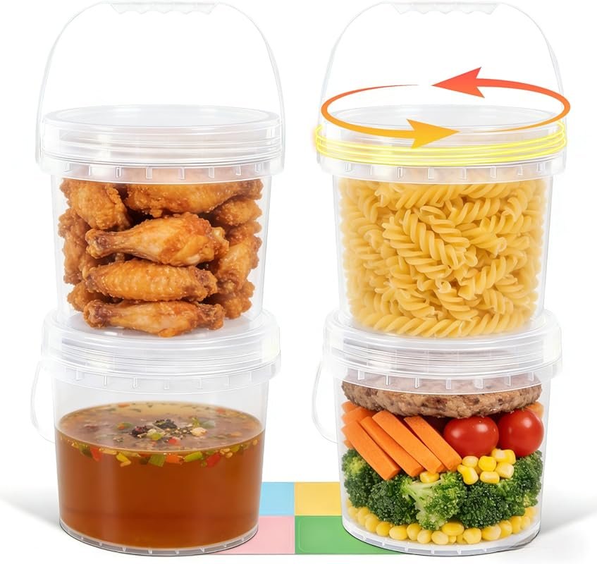 1 Gallon Clear Food Grade Plastic Buckets with Screw Lids – 4 Pack Fre