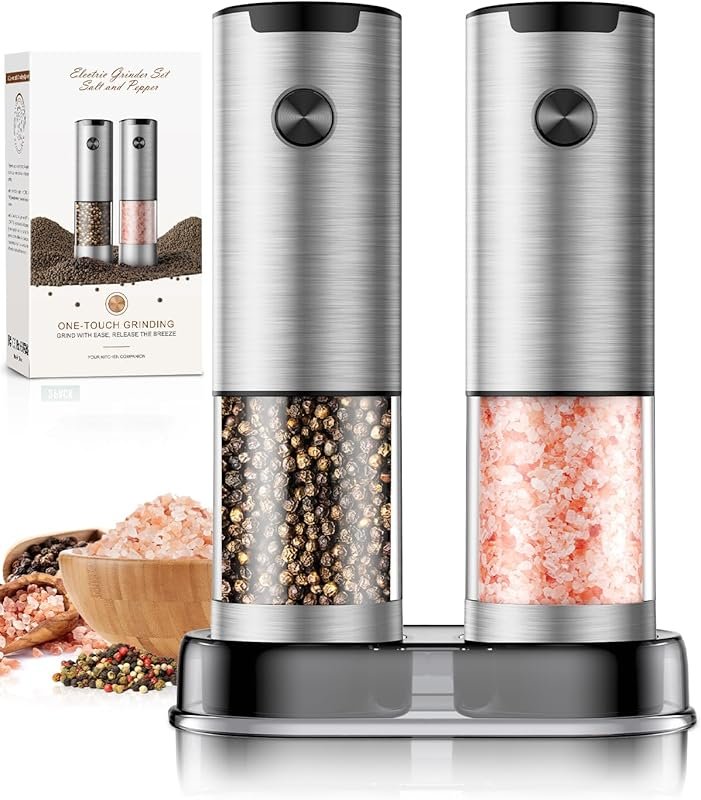 Electric Salt and Pepper Mill Rechargeable, LED Light, Adjustable Coar