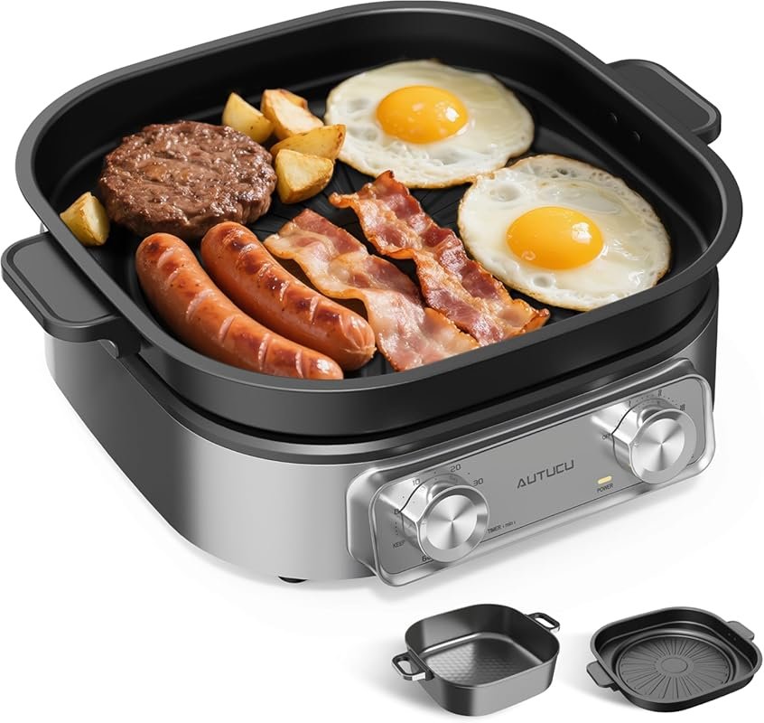 6-Quart Electric Skillet with Grill, Non-Stick Ceramic-Coated, 1600W, 