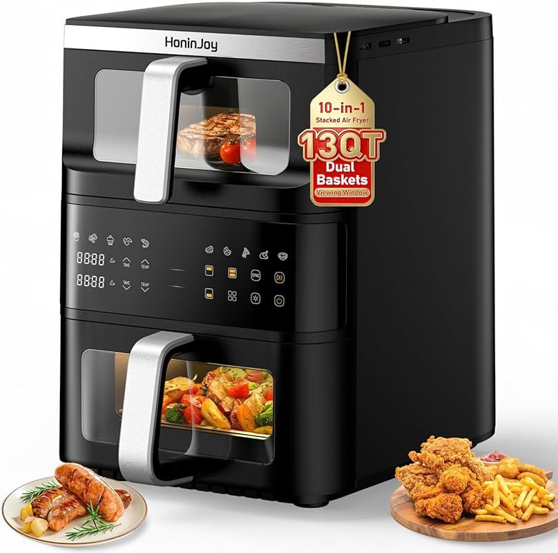 13QT Vertical Compact Dual Basket Air Fryer, 10-in-1 Presets, Viewing 