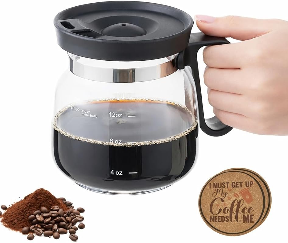 16 Oz Glass Coffee Pot Mug with Handle & Spill-Proof Lid, Includes Coasters