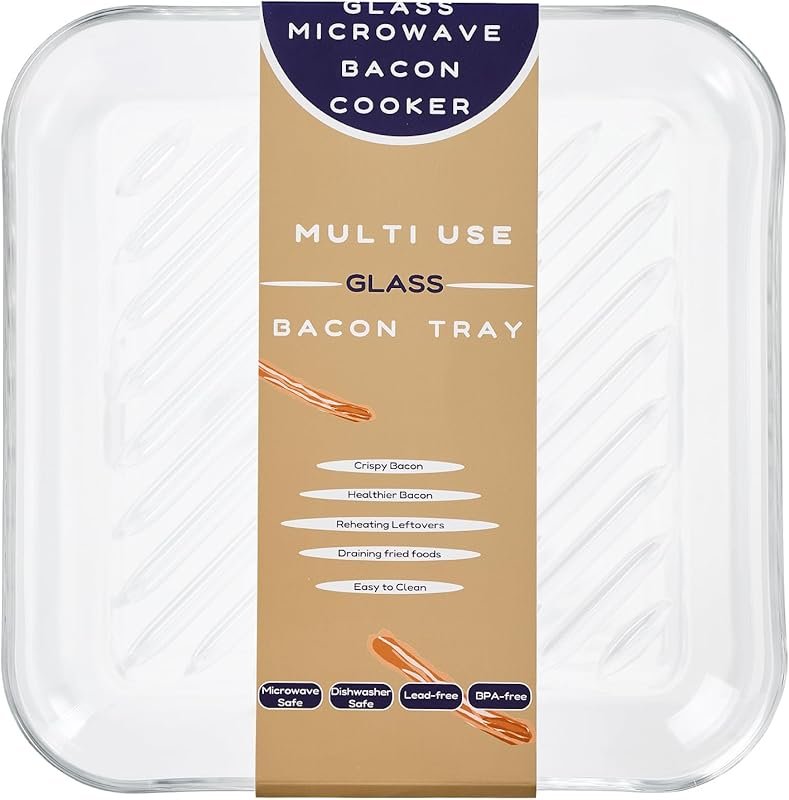 Glass Microwave Bacon Cooker – Lead-Free Non-Plastic Tray with Deep Gr
