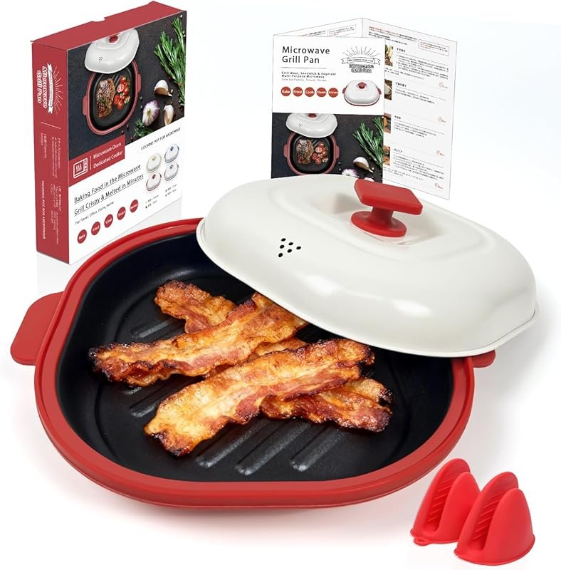 AHJ Microwave Grill Pan with Lid – Multi-Use for Grilling, Frying & Cr