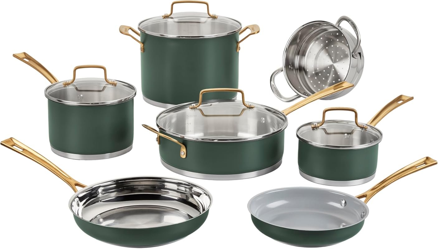 Cuisinart 11-Piece Stainless Steel Cookware Set in Matte Thyme, Durabl