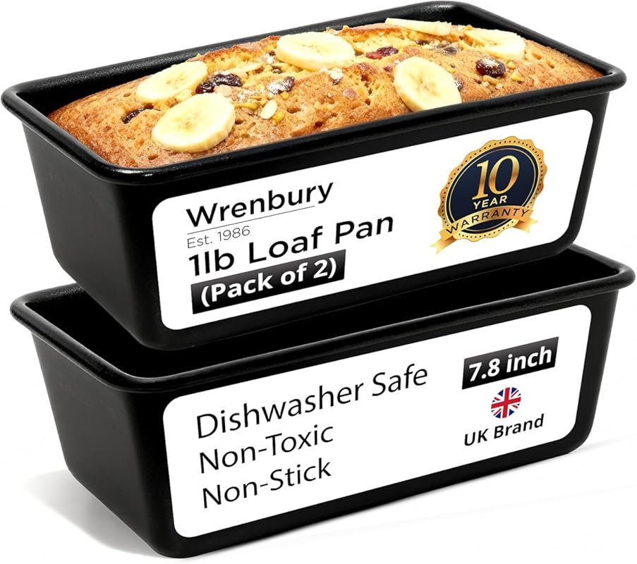 Wrenbury Pro Non Stick 1lb Bread Loaf Pan Set of 2, 8x4 Inch, Heavy Ga