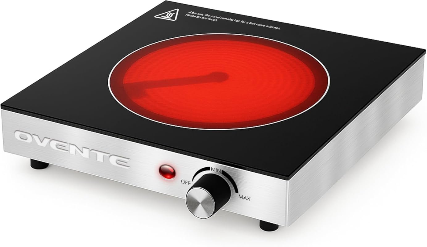 Ovente Infrared Ceramic Hot Plate 1200W, Black Glass Cooktop, Portable