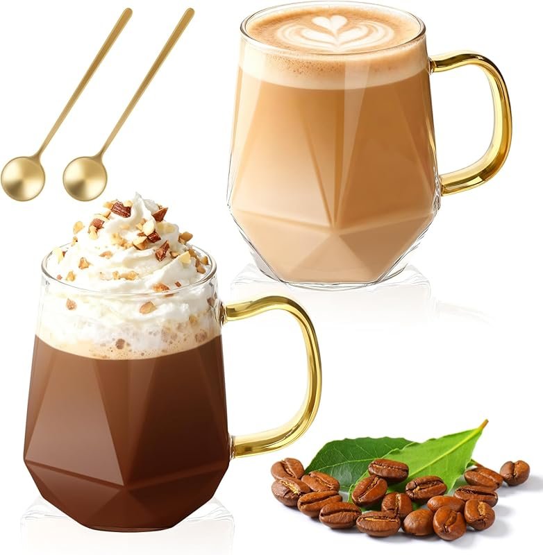 12oz Glass Coffee Mugs Set of 2 with Spoon, -20℃ to 150℃ Heat Resistan