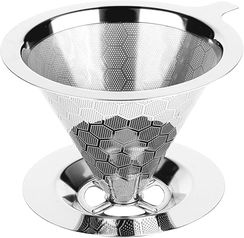 Reusable Metal Pour Over Coffee Filter with Stainless Steel Cone Desig