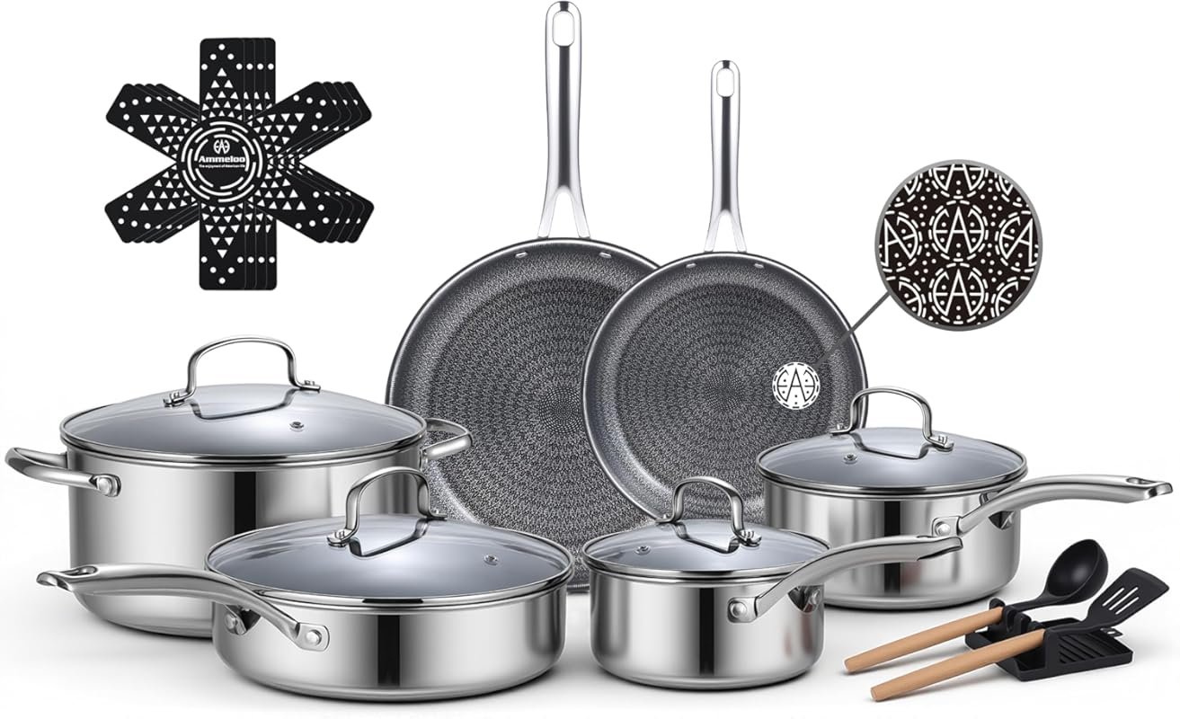 Ammeloo 17-Piece Hybrid Nonstick Stainless Steel Cookware Set, Non-Tox