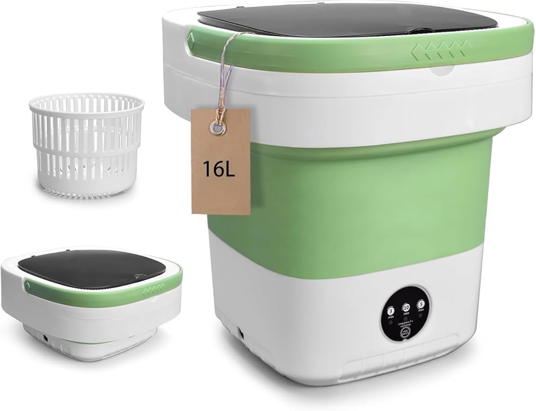 Green 16L Mini Collapsible Portable Laundry Machine with Spin Basket f