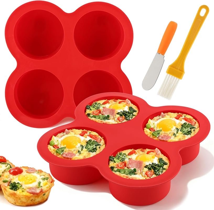 2 Pack Silicone Egg Bite Molds with Spatula & Brush, 4 Cups Nonstick A