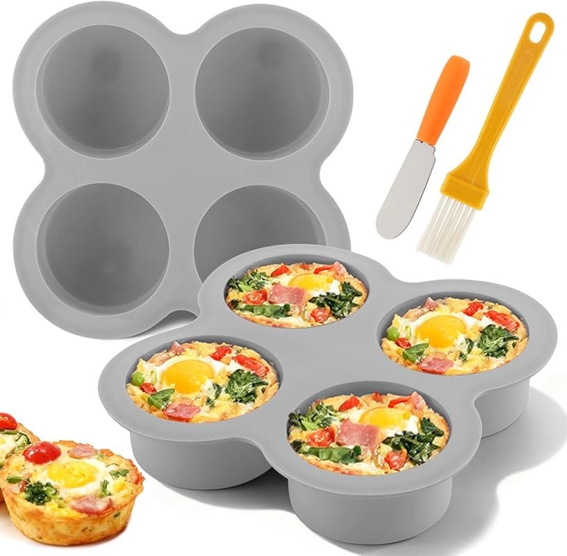 2 Pack Silicone Egg Bite Molds with Spatula & Brush, 4 Cups Nonstick A