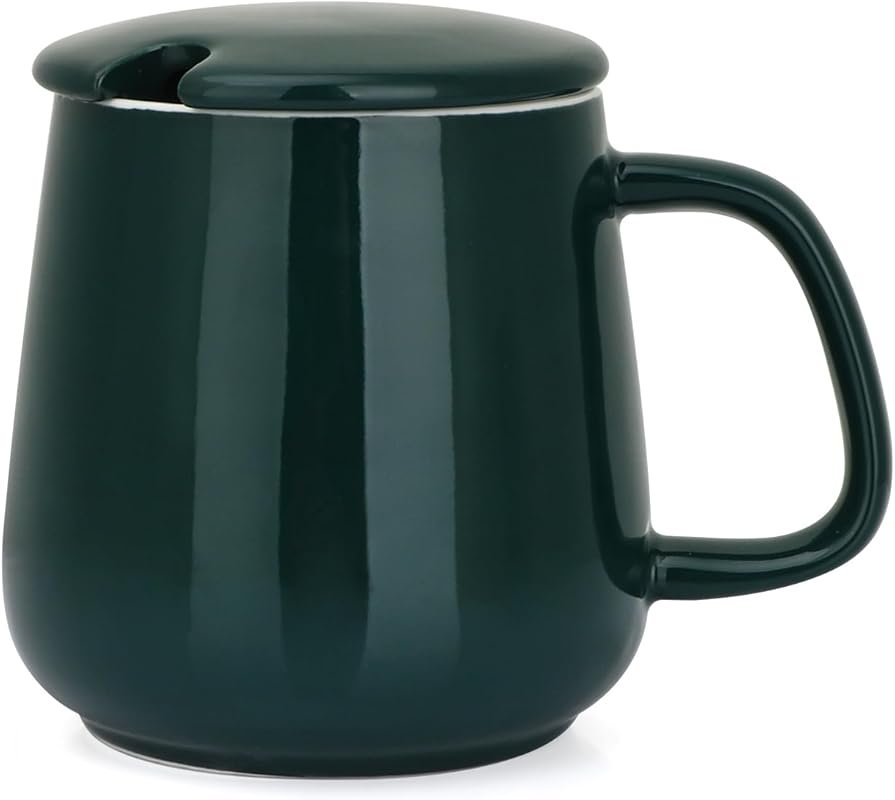 VOBAGA 15oz Ceramic Coffee Mug with Lid & Flat Bottom for Daily Use - 