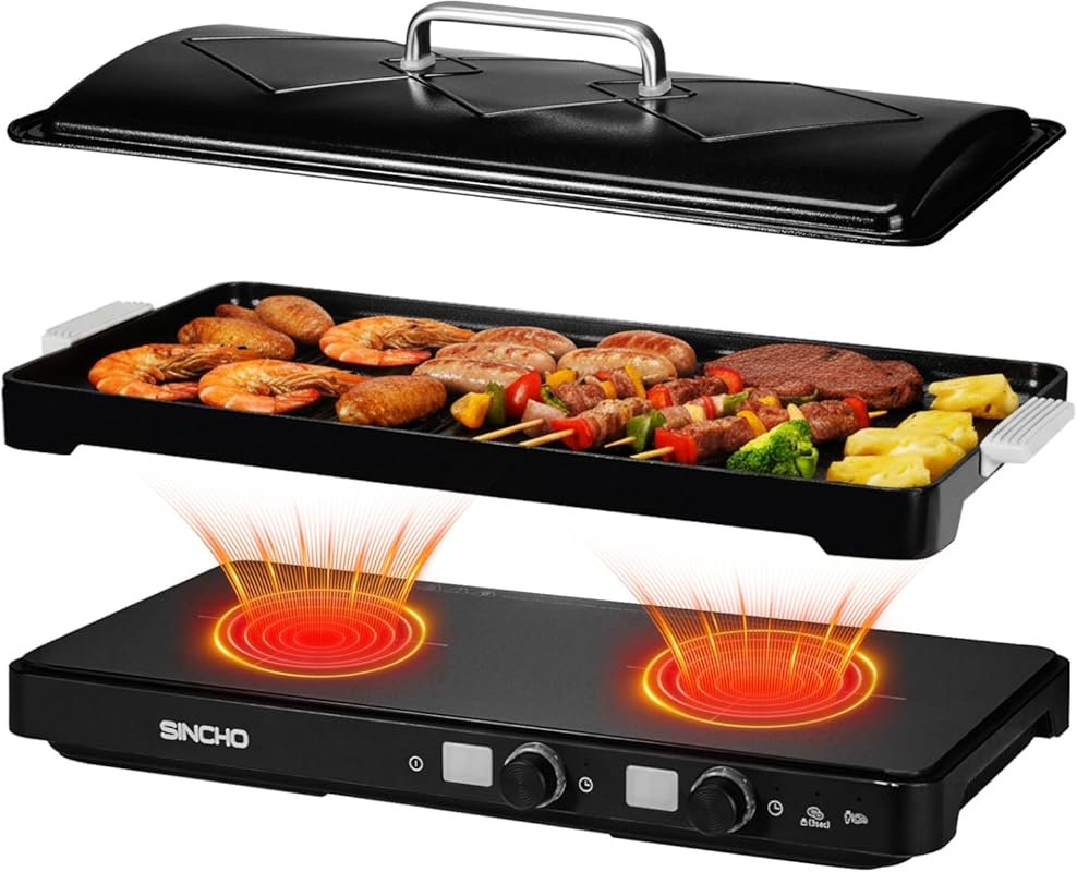 SINCHO 2-Burner Induction Cooktop with Removable Non-Stick Griddle, 18