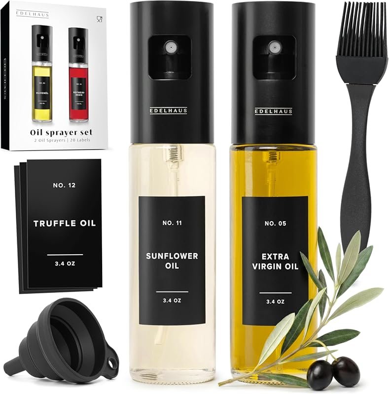 Stainless Steel & Glass Oil Sprayer Set with Labels & Funnel for Healt
