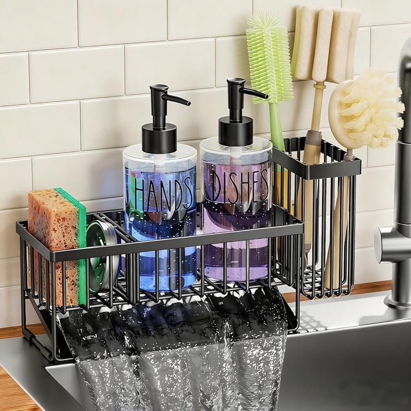 Kitchen Sink Caddy Set with 12OZ Glass Bottle, Dish Soap Dispenser, Br