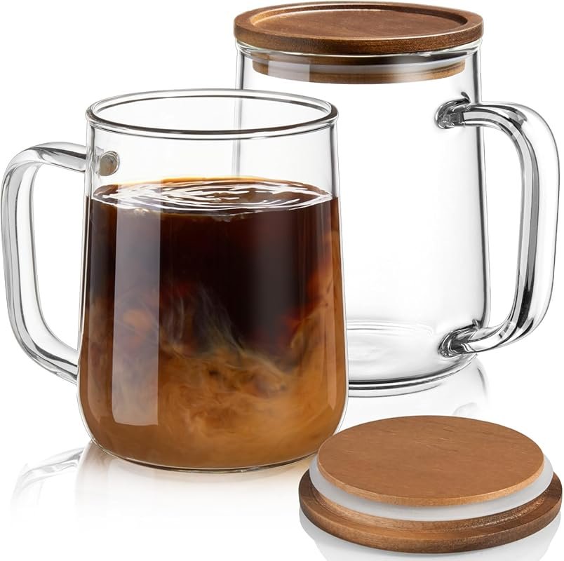 20oz Glass Coffee Mugs with Acacia Wood Lids, Borosilicate Clear Cups 