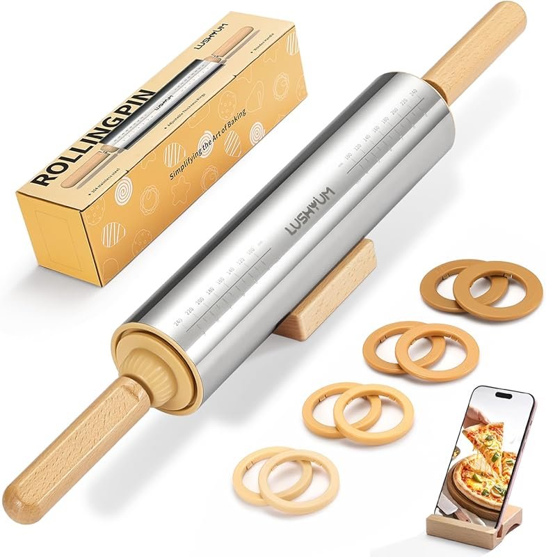 LUSHYUM 304 Stainless Steel Adjustable Rolling Pin with Detachable Han