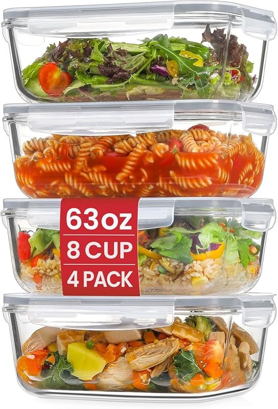 4 Pack 63oz Large Glass Meal Prep Containers with Airtight Lids, Micro