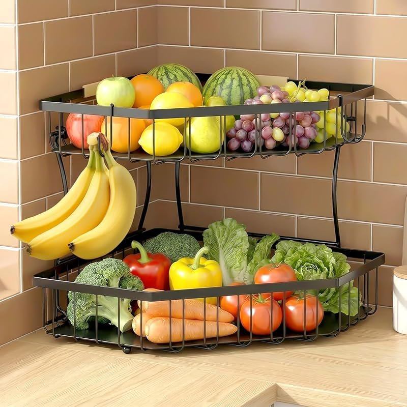 2-Tier Detachable Metal Fruit Basket with Banana Hangers – Large Kitch