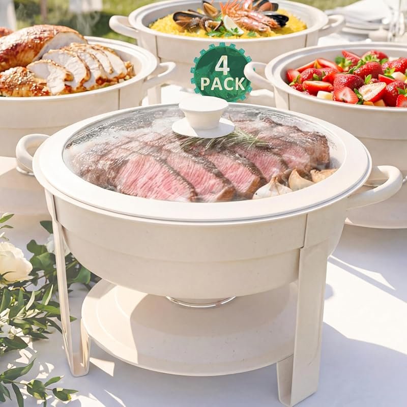 6QT Round Chafing Dish Set of 4 with Transparent Lids – Elegant White 