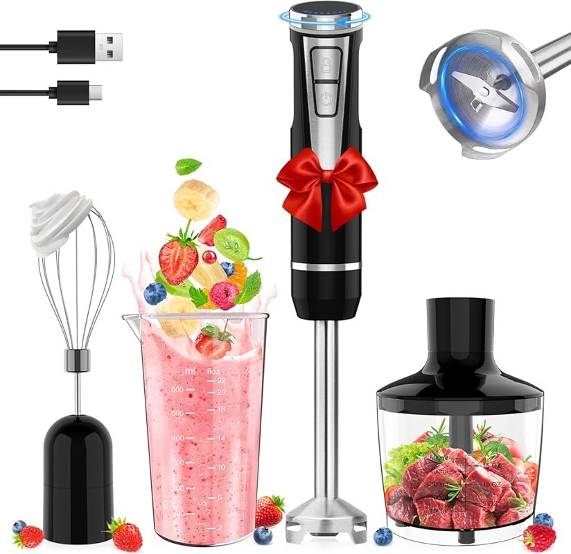 Cordless Immersion Blender with 8 Speeds, Chopper & Beaker, USB Rechar