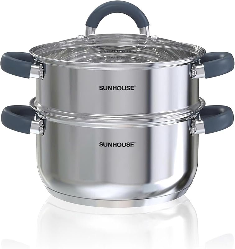 SUNHOUSE 3-Quart 2-Tier Stainless Steel Steamer Pot, Tri-Ply Bottom, A
