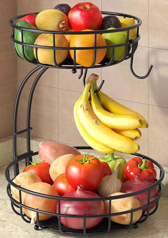 Sevenblue 2-Tier Sturdy Iron Fruit Basket with Removable Banana Hanger