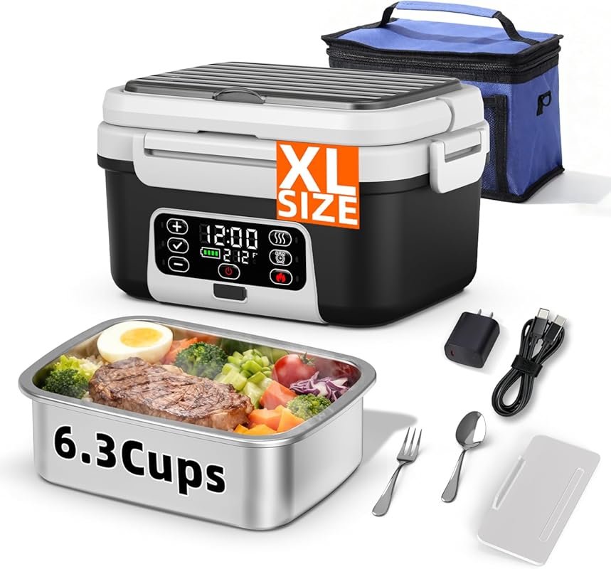 XL 6.3-Cups Cordless Heated Lunch Box – 20000mAh Battery, 100W Food Wa