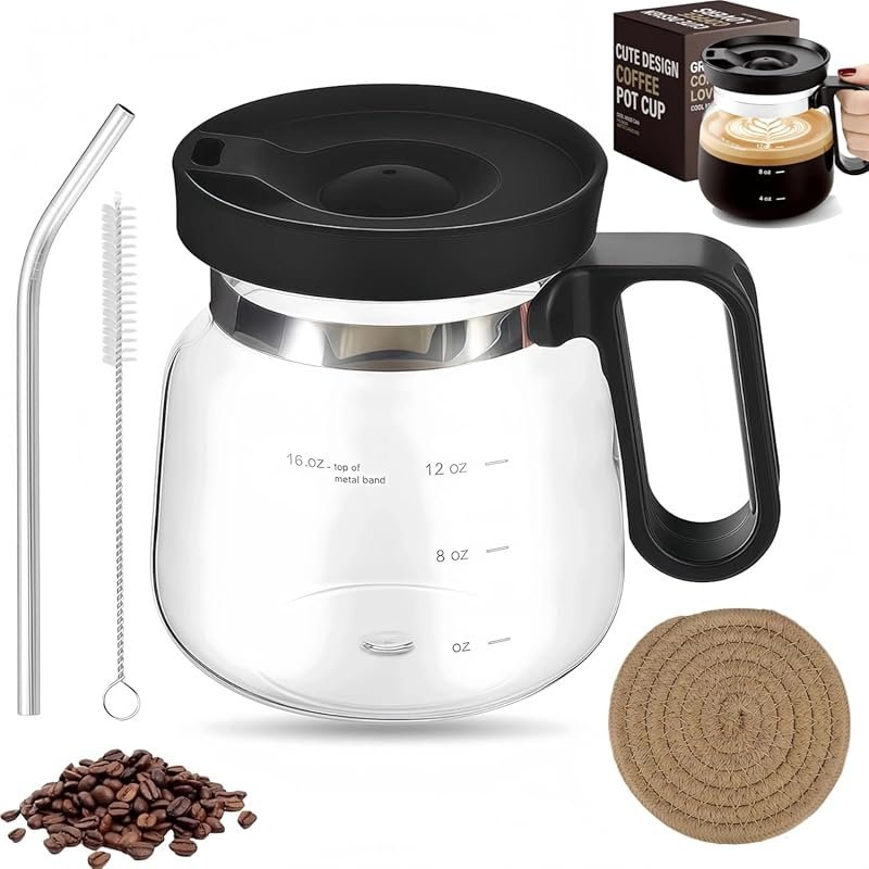 16 Oz Glass Coffee Pot Mug with Handle & Lid, Comes with Straw & Coasters