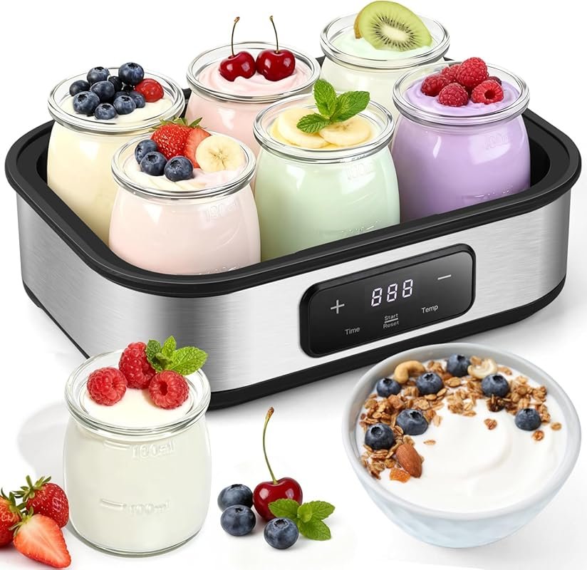 Yogurt Maker with Adjustable Temperature & 48H Timer, 6 Glass Jars for