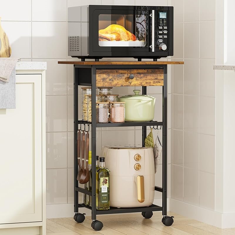 4-Tier Microwave Stand with Adjustable Shelf and Wheels for Kitchen, O