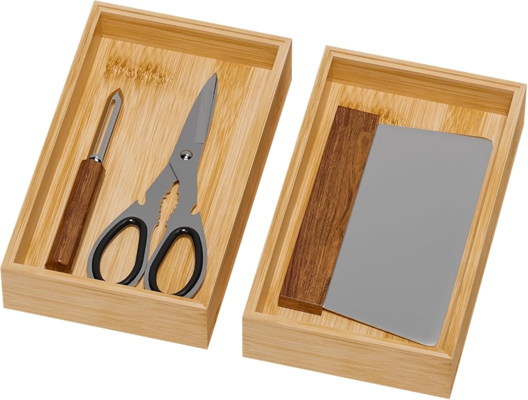 Lixple 2-Pack Stackable Bamboo Kitchen Utensil Drawer Organizers, Silv