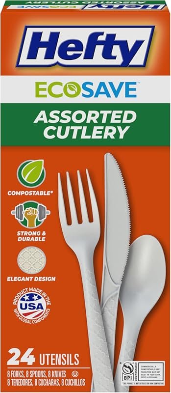 Hefty ECOSAVE Compostable Cutlery Set – 24 Utensils for BBQs, Camping 