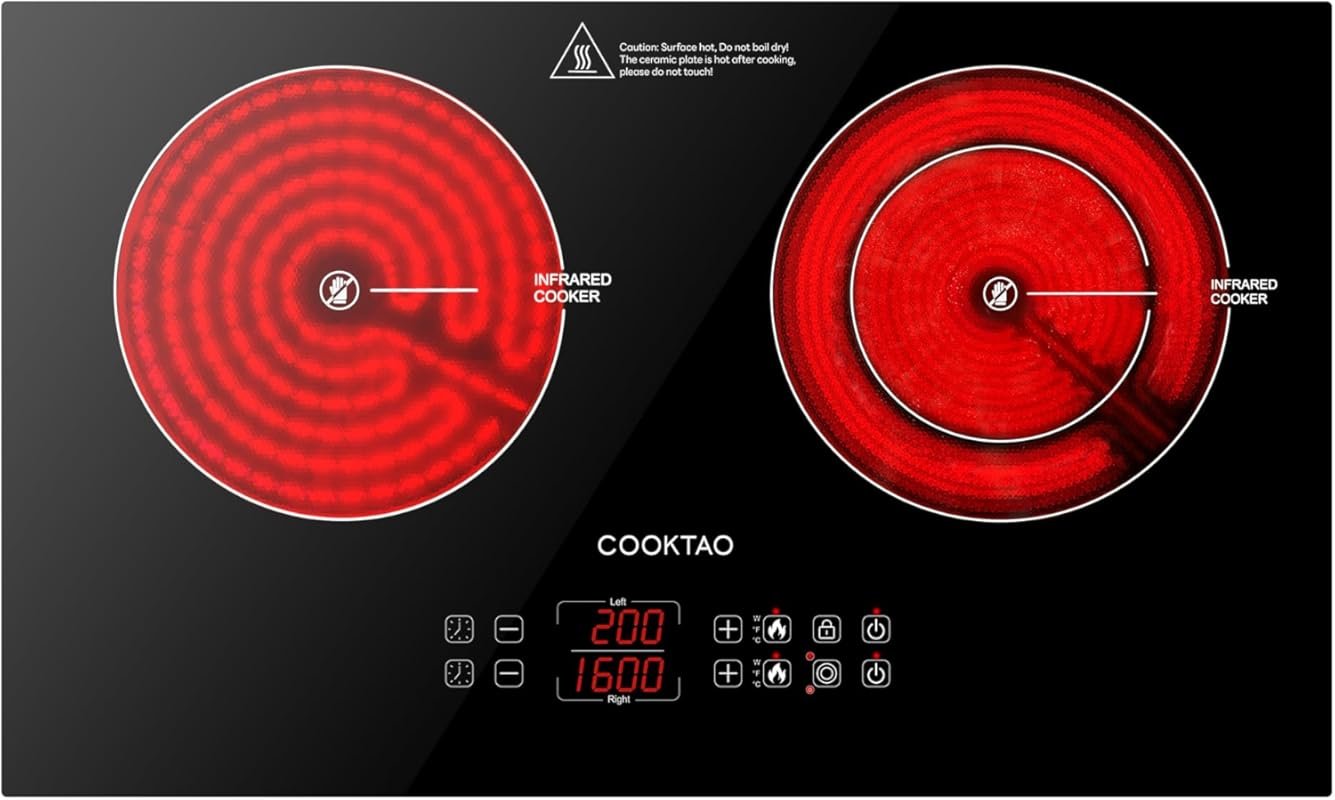 Dual Coils 1800W Ceramic Infrared Cooktop, Portable Countertop Radiant