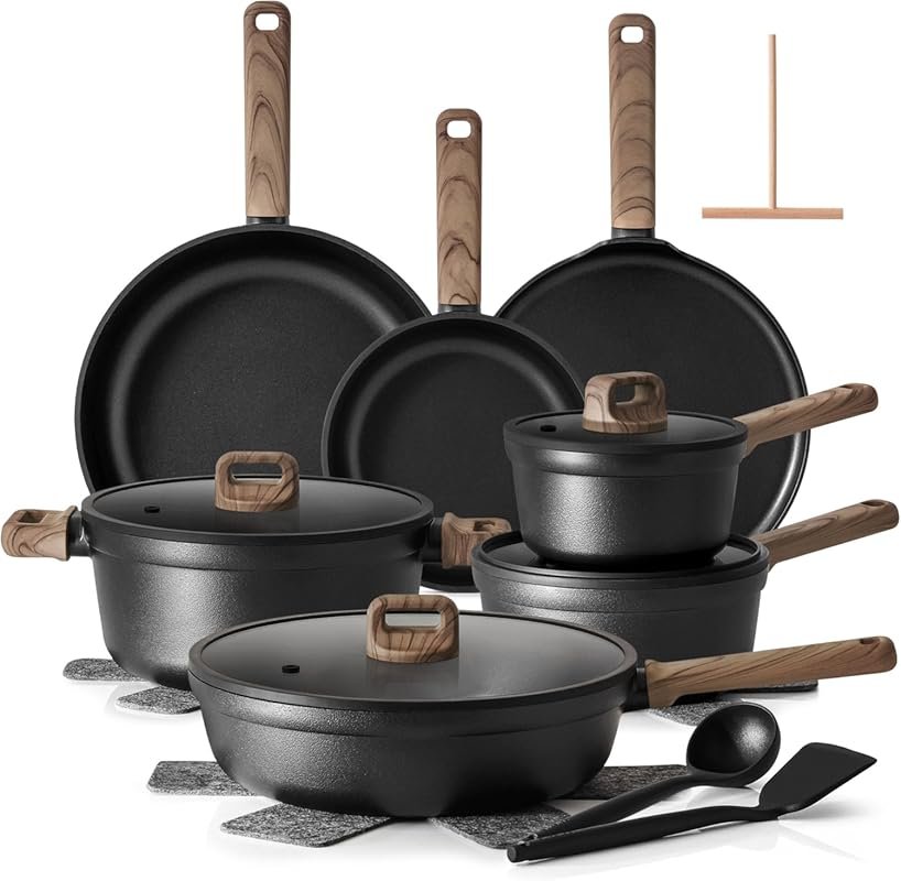 SENSARTE 20-Piece Black Titanium Nonstick Cookware Set, Induction Comp
