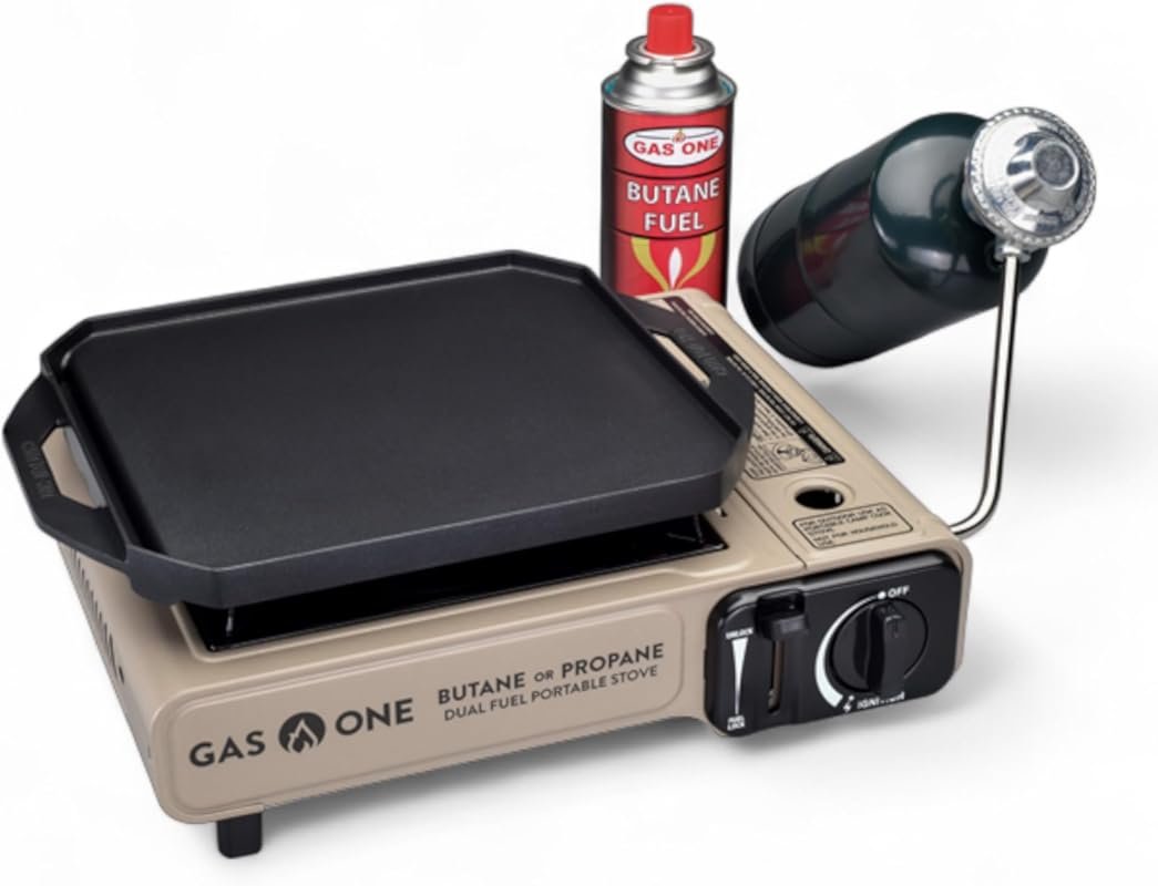 Dual Fuel Propane/Butane Stove with Flat Top Griddle, Non-Stick Aluminum Cooktop for Camping & Kitchen