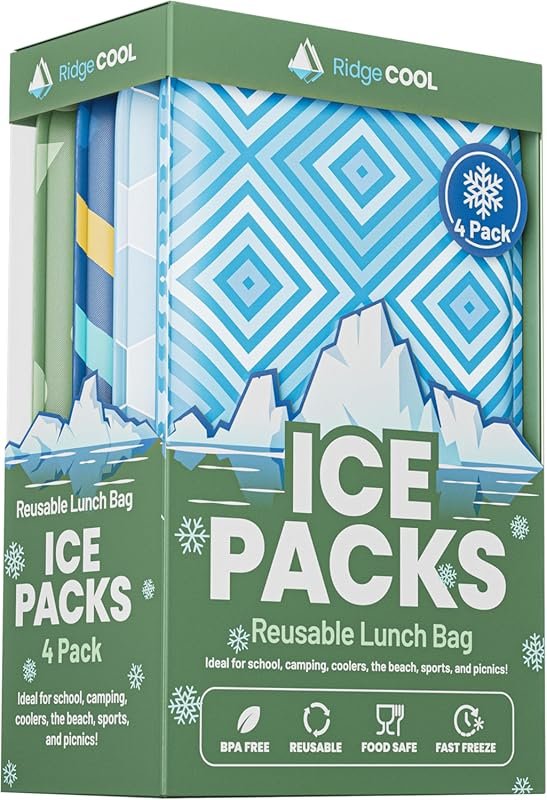 Reusable Slim Ice Packs 4-Pack, BPA-Free Sports-Themed Cooling Gel for