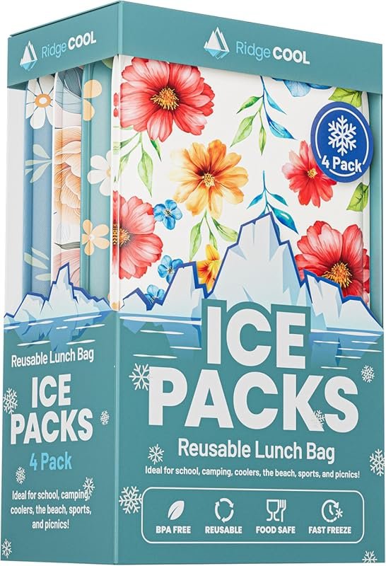Reusable Slim Ice Packs 4-Pack, BPA-Free Floral Cooling Gel for Kids' 