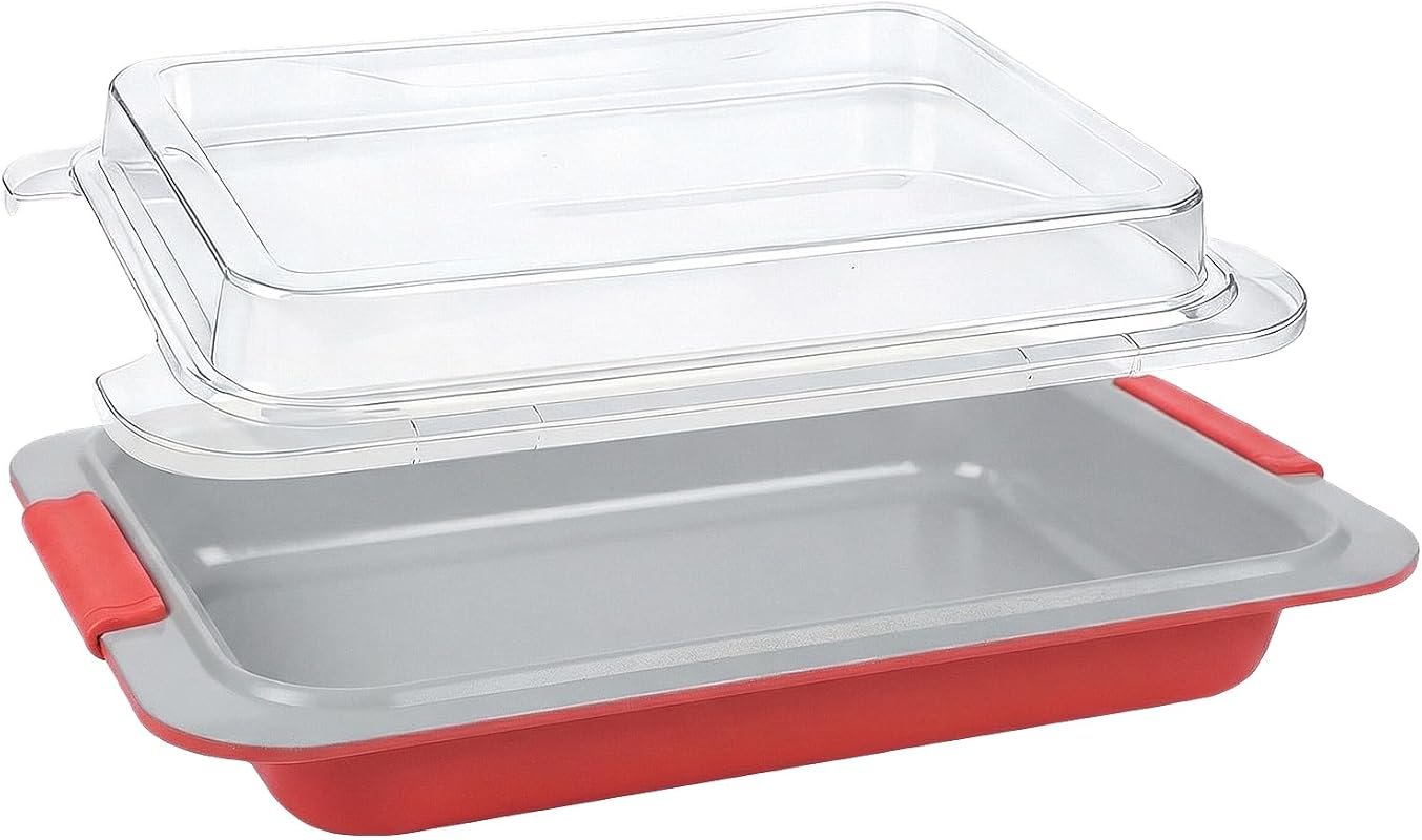 9x13 Nonstick Deep Baking Pan with Silicone Handles, Snap-On Cover for