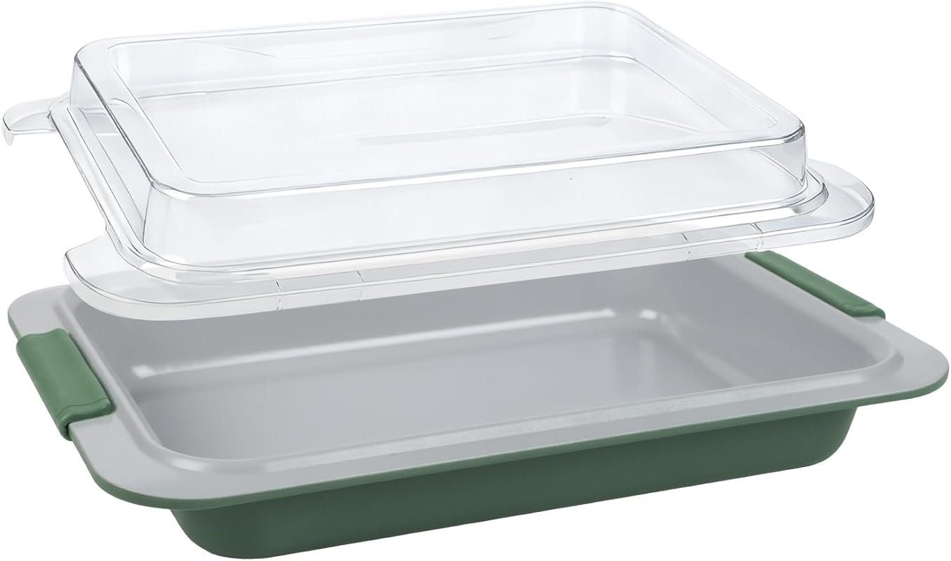 9x13 Nonstick Deep Baking Pan with Silicone Handles, Snap-On Cover for