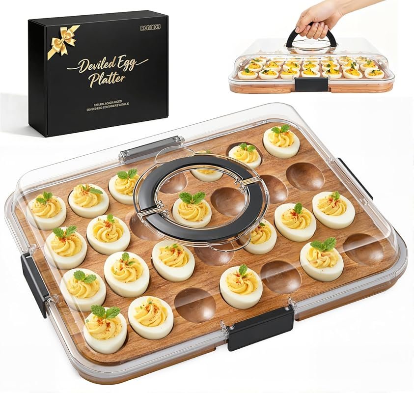 Renmxj Acacia Wooden Deviled Egg Tray with Lid, 28-Capacity, Dishwashe